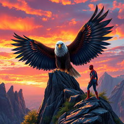 A powerful eagle majestically spreading its wings atop a rugged cliff, symbolizing strength and freedom