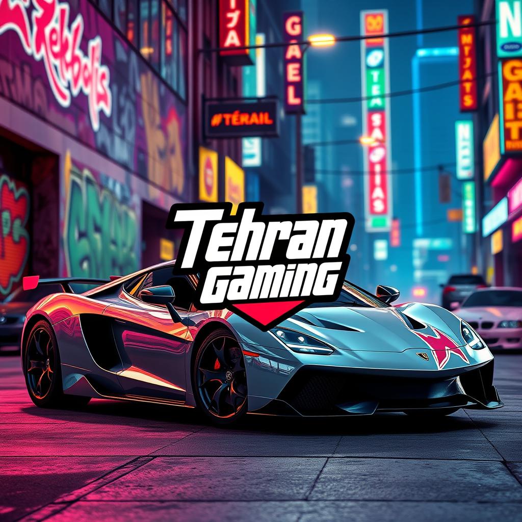 A high-quality image featuring a sleek sports car set against a vibrant Grand Theft Auto-inspired urban backdrop