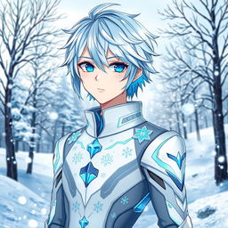 An anime-style illustration of a male character with icy blue hair and piercing icy blue eyes, exuding a frosty aura