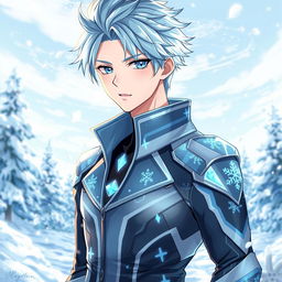 An anime-style illustration of a male character with icy blue hair and piercing icy blue eyes, exuding a frosty aura