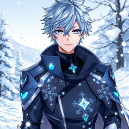 An anime-style illustration of a male character with icy blue hair and piercing icy blue eyes, exuding a frosty aura