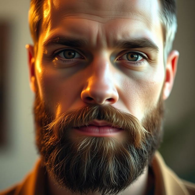 A close-up portrait of a handsome man with striking features