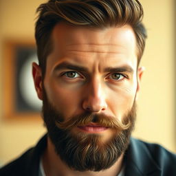 A close-up portrait of a handsome man with striking features