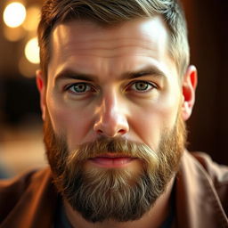 A close-up portrait of a handsome man with striking features