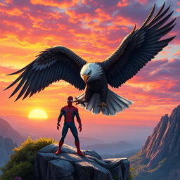 A powerful eagle with its wings fully spread, perched majestically atop a rugged cliff, epitomizing strength and freedom