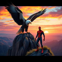 A powerful eagle with its wings fully spread, perched majestically atop a rugged cliff, epitomizing strength and freedom