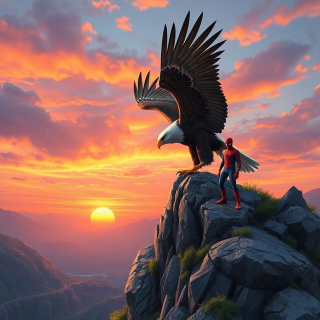 A powerful eagle with its wings fully spread, perched majestically atop a rugged cliff, epitomizing strength and freedom