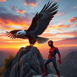 A powerful eagle with its wings fully spread, perched majestically atop a rugged cliff, epitomizing strength and freedom