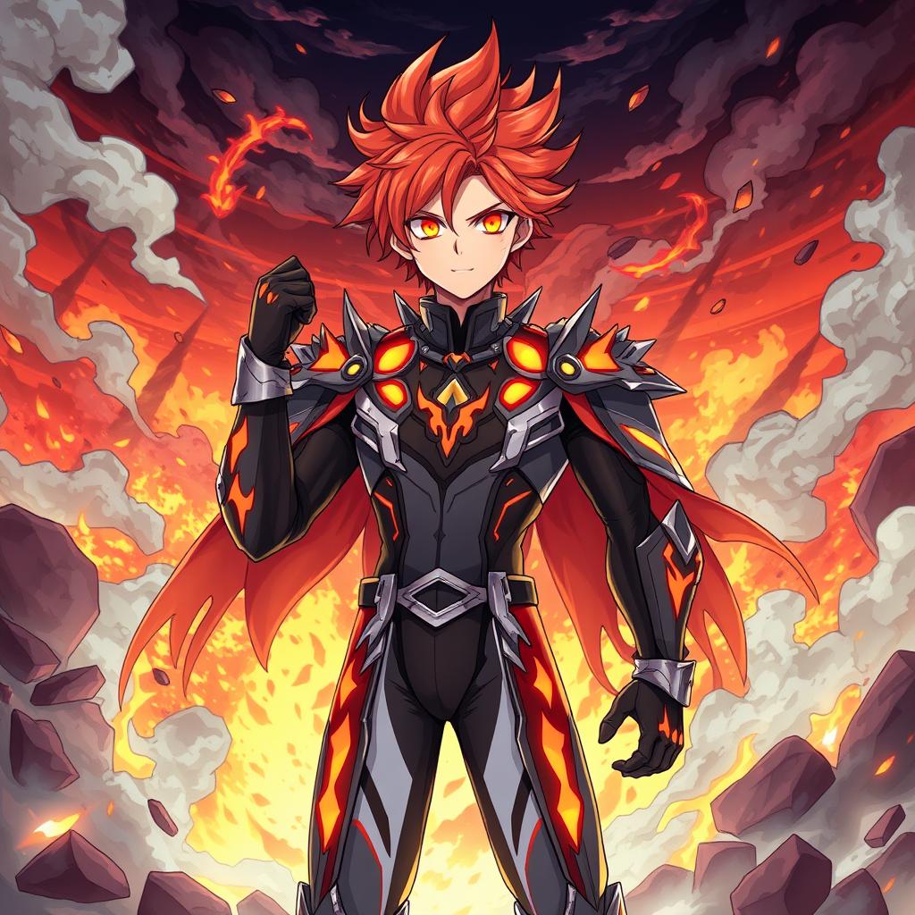 An anime-style illustration of a male character with fiery red hair and glowing orange eyes, embodying the essence of fire