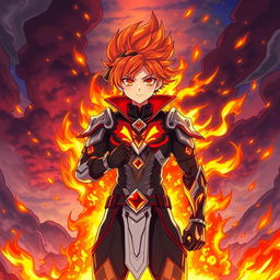An anime-style illustration of a male character with fiery red hair and glowing orange eyes, embodying the essence of fire