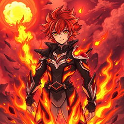 An anime-style illustration of a male character with fiery red hair and glowing orange eyes, embodying the essence of fire