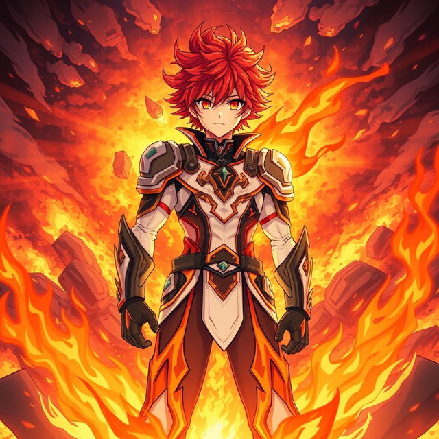 An anime-style illustration of a male character with fiery red hair and glowing orange eyes, embodying the essence of fire