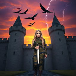A striking photograph of a grand Medieval castle at sunset, with dramatic orange and purple sky gradients