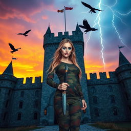 A striking photograph of a grand Medieval castle at sunset, with dramatic orange and purple sky gradients