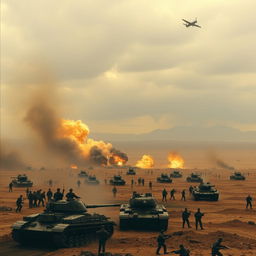 A dramatic and powerful depiction of the Iran-Iraq War, showcasing a vast battlefield with soldiers in military uniforms from both countries engaged in fierce combat