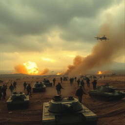 A dramatic and powerful depiction of the Iran-Iraq War, showcasing a vast battlefield with soldiers in military uniforms from both countries engaged in fierce combat