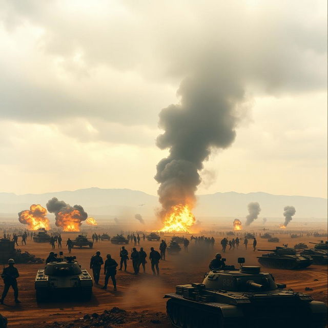 A dramatic and powerful depiction of the Iran-Iraq War, showcasing a vast battlefield with soldiers in military uniforms from both countries engaged in fierce combat