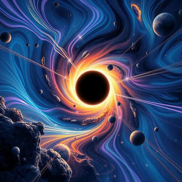 A stunning illustration of the interior of a black hole, showcasing a surreal and cosmic environment