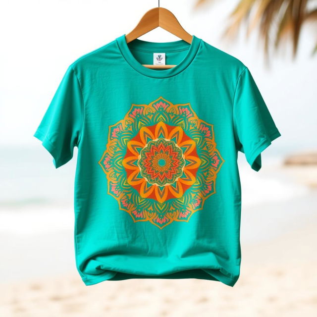 A stylish t-shirt design featuring an intricate mandala pattern integrated with floral elements