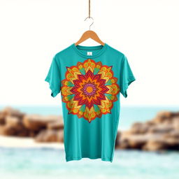 A stylish t-shirt design featuring an intricate mandala pattern integrated with floral elements