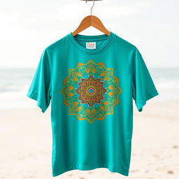 A stylish t-shirt design featuring an intricate mandala pattern integrated with floral elements