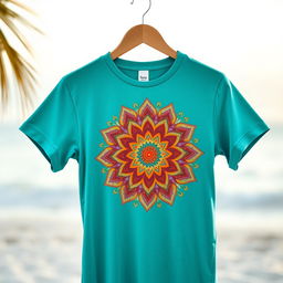 A stylish t-shirt design featuring an intricate mandala pattern integrated with floral elements