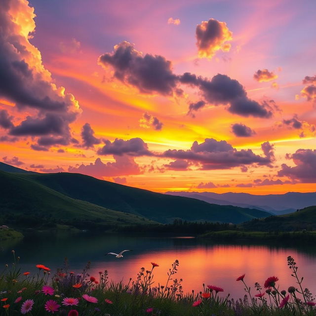 A dreamy landscape at sunset, featuring vibrant colors like orange, pink, and purple blending in the sky, with fluffy clouds reflecting the sunlight