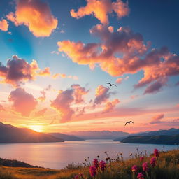 A dreamy landscape at sunset, featuring vibrant colors like orange, pink, and purple blending in the sky, with fluffy clouds reflecting the sunlight