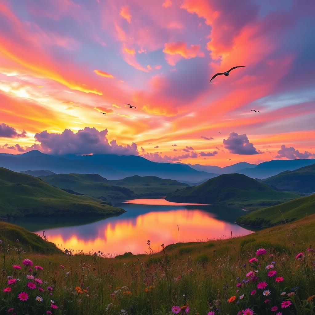 A dreamy landscape at sunset, featuring vibrant colors like orange, pink, and purple blending in the sky, with fluffy clouds reflecting the sunlight