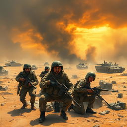 An evocative and dramatic portrayal of the Iran-Iraq war, featuring a battlefield scene with soldiers in typical military gear from the 1980s, engaged in combat amidst a backdrop of smoke and chaos