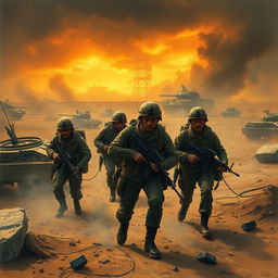 An evocative and dramatic portrayal of the Iran-Iraq war, featuring a battlefield scene with soldiers in typical military gear from the 1980s, engaged in combat amidst a backdrop of smoke and chaos