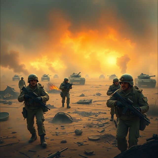 An evocative and dramatic portrayal of the Iran-Iraq war, featuring a battlefield scene with soldiers in typical military gear from the 1980s, engaged in combat amidst a backdrop of smoke and chaos