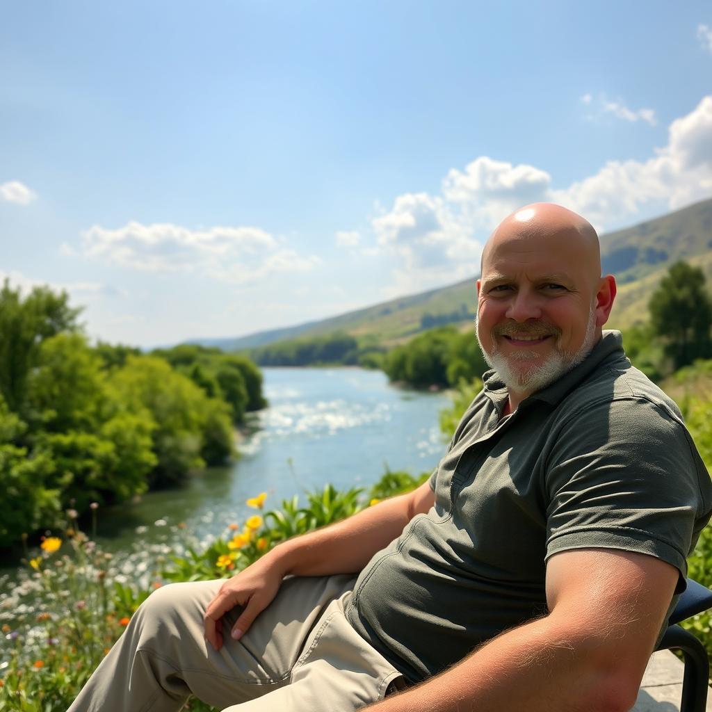 A bald man sitting comfortably by a riverbank, enjoying the serene landscape