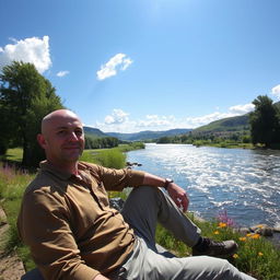 A bald man sitting comfortably by a riverbank, enjoying the serene landscape