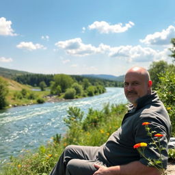 A bald man sitting comfortably by a riverbank, enjoying the serene landscape