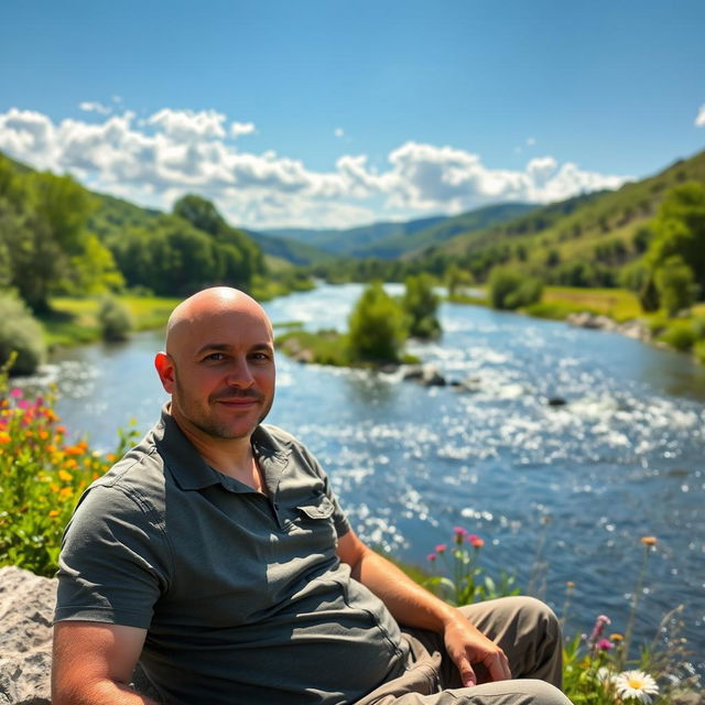 A bald man sitting comfortably by a riverbank, enjoying the serene landscape