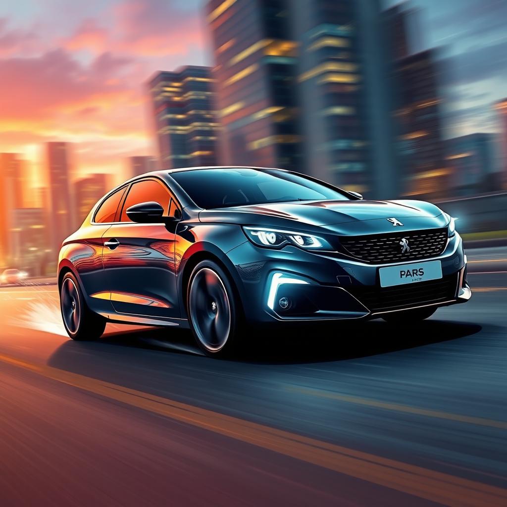 A high-energy illustration of a Peugeot Pars Sport, showcasing its sleek and sporty design