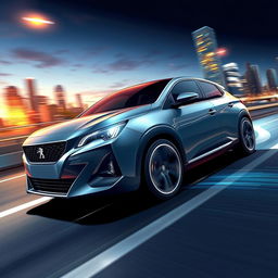 A high-energy illustration of a Peugeot Pars Sport, showcasing its sleek and sporty design