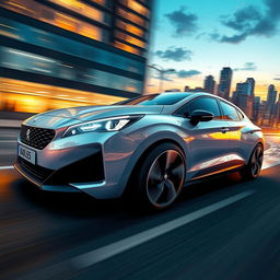 A high-energy illustration of a Peugeot Pars Sport, showcasing its sleek and sporty design