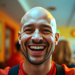A cheerful bald man with a bright smile, showcasing an expression of happiness and contentment