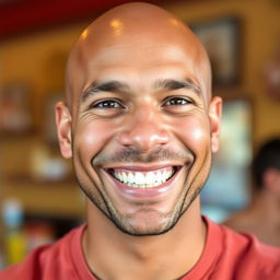 A cheerful bald man with a bright smile, showcasing an expression of happiness and contentment