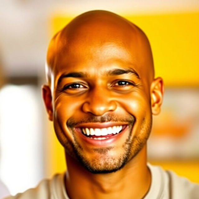 A cheerful bald man with a bright smile, showcasing an expression of happiness and contentment