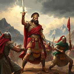 An epic historical illustration depicting Cyrus the Great in a battle setting against Afghan warriors