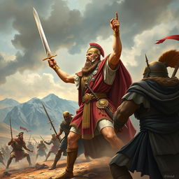 An epic historical illustration depicting Cyrus the Great in a battle setting against Afghan warriors