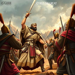 An epic historical illustration depicting Cyrus the Great in a battle setting against Afghan warriors