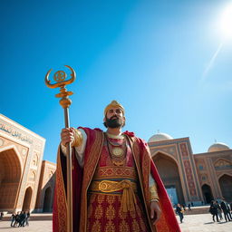 A majestic depiction of Cyrus the Great, standing confidently in Naqsh-e Jahan Square in Isfahan, Iran