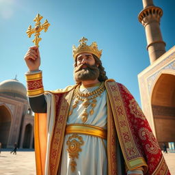 A majestic depiction of Cyrus the Great, standing confidently in Naqsh-e Jahan Square in Isfahan, Iran