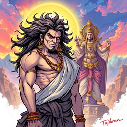 A dynamic and stylized sketch of Tukaram in the flamboyant and exaggerated style inspired by JoJo's Bizarre Adventure