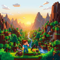 A colorful and imaginative illustration of the Minecraft world, featuring a vast landscape filled with blocky terrain, towering mountains, and lush forests