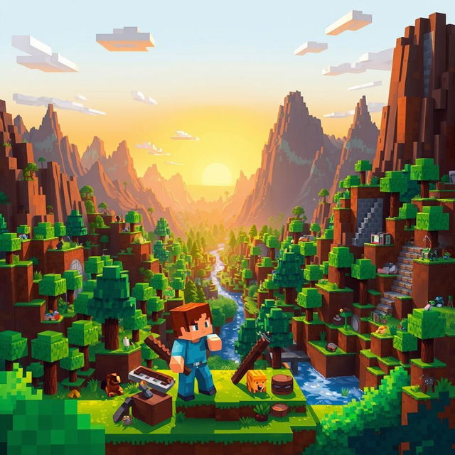 A colorful and imaginative illustration of the Minecraft world, featuring a vast landscape filled with blocky terrain, towering mountains, and lush forests